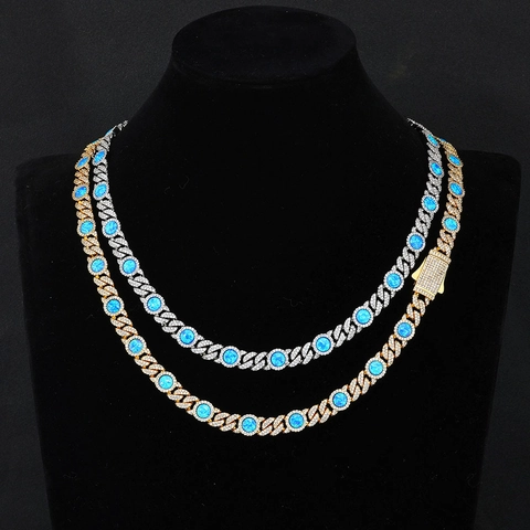 Collar de Eslabones Cubanos de Ópalo Azul Hip Hop para Hombre Cadena Tennis de Circonia Chapada en Oro 18k Joyería