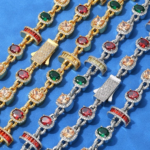 Lussuoso Set di Collana e Bracciale in Zirconia Colorata Hip Hop in Rame Placcato Oro Catena Iced Out Per Uomo Donna Gioielli da Festa