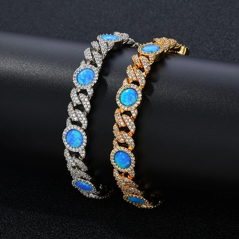 Hip Hop 8mm Blue Opal Cuban Link Bracelet Copper Zirconia Inlaid Iced Out Luxury Jewelry For Men Women Charm Bracelet