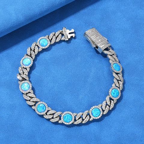 Hip Hop 8mm Blue Opal Cuban Link Bracelet Copper Zirconia Inlaid Iced Out Luxury Jewelry For Men Women Charm Bracelet