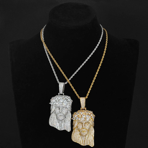 Collana con Pendente Testa di Gesù Hip Hop in Rame Incastonato con Zirconia Oro Argento Catena a Corda Uomo Gioielli