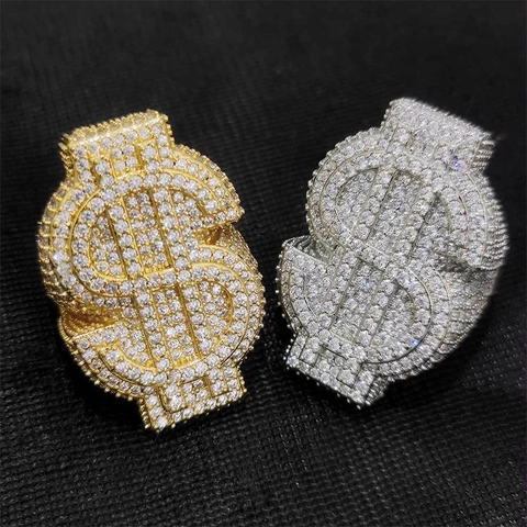 Dollar Sign Ring Hip Hop Copper Cubic Zirconia Pavé Set Iced Out Statement Gold Silver Color Men Street Jewelry