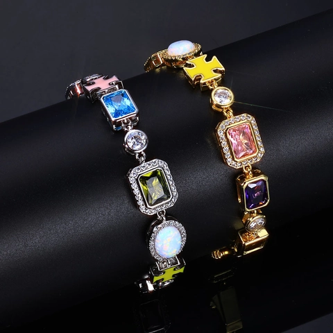 Hip Hop Copper Colorful Zirconia Opal Bracelet For Men Women Luxury Streetwear Gemstone Cross Bracelet High End Jewelry