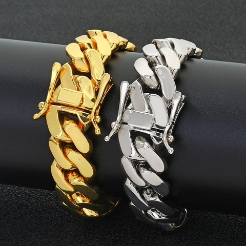 Heavy Men Copper Cuban Link Bracelet Polished Gold Platinum Plated Chain Streetwear Hip Hop Jewelry With Safety Clasp