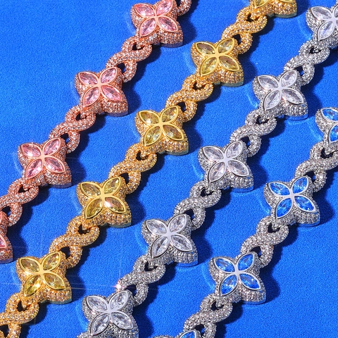 Hip Hop Kleeblatt Unendlichkeit Halskette Und Armband Kupfer Zirkonia Iced Out Luxus Blumen Design Modeschmuck Für Unisex