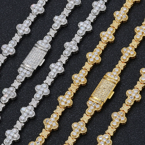 Set di Gioielli Hip Hop Iced Out Zirconia Croce Stella Quadrifoglio in Rame Placcato Oro 18K Set Collana e Bracciale per Donna Uomo