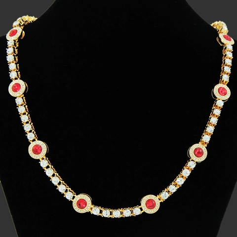 Set Collana e Bracciale a Maglia Cubana Hip Hop Iced Out Con Pietra Rossa Rotonda Oro Argento Lega Strass Gioielli