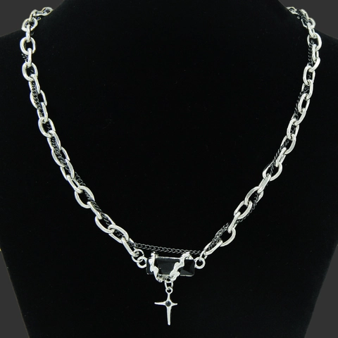 Collana e Braccialetto Unisex Punk Gotico in Acciaio Inossidabile a Strati Con Ciondolo a Croce Stella e Gemma Nera Gioielli Stile Industriale