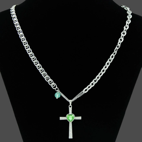 Collana Con Pendente a Croce in Acciaio Inossidabile Hip Hop Con Pietra Verde a Cuore Strass Catena Giuntata Per Uomo Donna