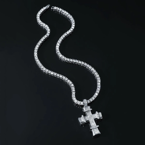 Collier Pendentif Croix Hip Hop Iced Out pour Hommes en Alliage Strass Chaîne de Tennis Bijoux de Mode