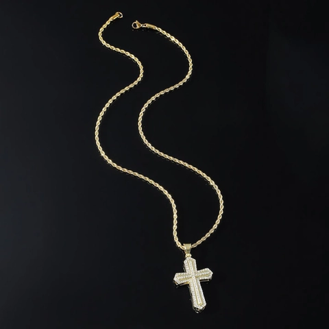 Collana con Ciondolo a Croce Iced Out Hip Hop Uomo Lega d'Oro Acciaio Inossidabile Catena a Corda con Strass Intarsiati