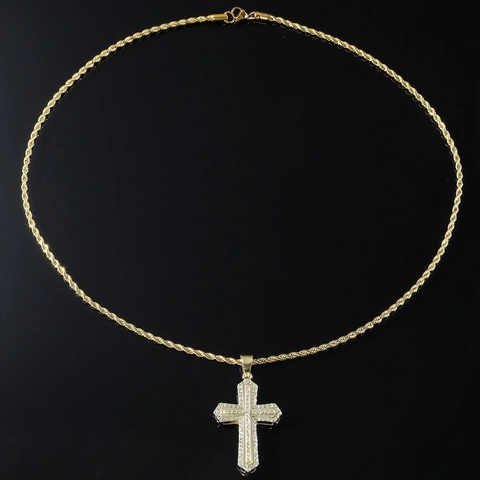 Collana con Ciondolo a Croce Iced Out Hip Hop Uomo Lega d'Oro Acciaio Inossidabile Catena a Corda con Strass Intarsiati
