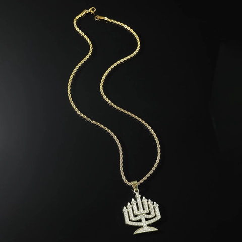 Hip Hop Rhinestone Menorah Pendant Necklace Stainless Steel Rope Chain Gold Silver Iced Out Religious Jewelry For Men Party