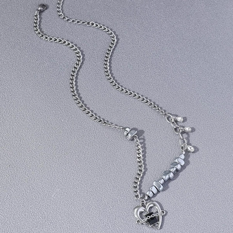 Collana con Pendente a Cuore in Lega di Zinco Argento alla Moda con Dettagli in Strass Catena a Marciapiede Punk per Donna Festa