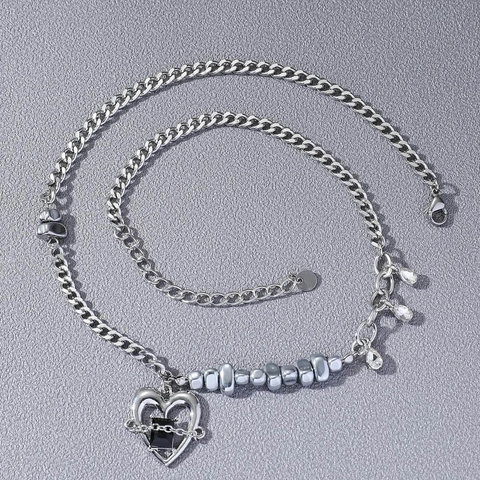 Collana con Pendente a Cuore in Lega di Zinco Argento alla Moda con Dettagli in Strass Catena a Marciapiede Punk per Donna Festa