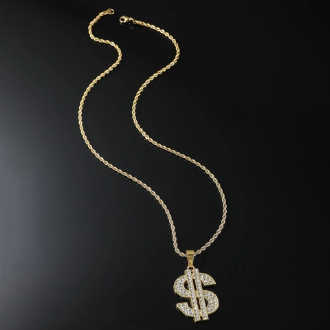 Hip Hop Dollarzeichen Anhänger Halskette Zinklegierung Strass Eingelegt Edelstahl Seilkette Personalisierter Schmuck Für Herren Damen
