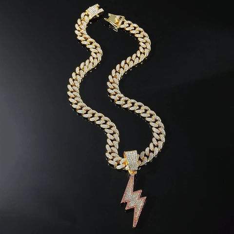 Collana con Ciondolo a Fulmine Iced Out Lega Strass Hip Hop Catena a Maglia Cubana per Uomo Gioielli Streetwear