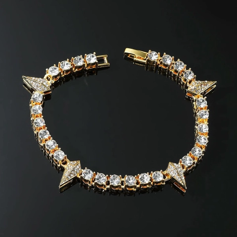 Bracciale Tennis Hip Hop con Punte in Lega Strass Catena Iced Out Oro Argento Gioielli Punk Rock da Uomo Decorazione Polso