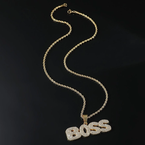 Hip Hop BOSS Buchstaben Anhänger Halskette Legierung Strass Edelstahl Seilkette Für Herren Streetwear Cool Schmuck Geschenk