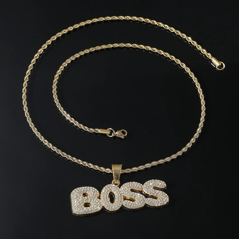 Hip Hop BOSS Buchstaben Anhänger Halskette Legierung Strass Edelstahl Seilkette Für Herren Streetwear Cool Schmuck Geschenk