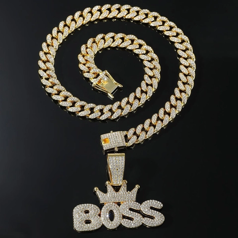 Heren Hip Hop Boss Kroon Hanger Halsketting Iced Out Strass Legering Cubaanse Schakelketting Goud Zilver Sieraden Voor Feest