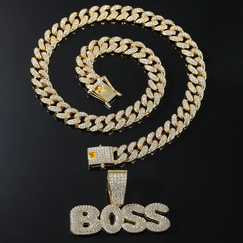 Hip Hop BOSS Buchstaben Anhänger Halskette Iced Out Strass Legierung Panzerkette Gold Silber Ton Für Herren Streetwear Schmuck