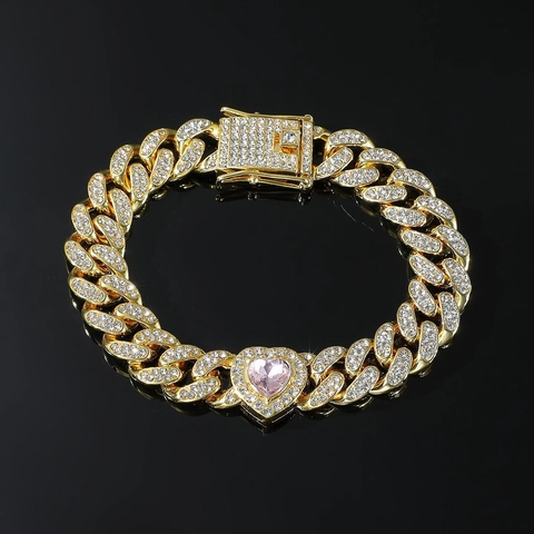 Luxury Alloy Rhinestone Heart Cuban Link Bracelet Fully Iced Out Zirconia Hip Hop Fashion Jewelry For Men Women Party