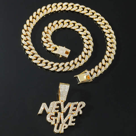 Hip Hop Iced Out Never Give Up Letter Pendant Necklace Zinc Alloy Rhinestone Cuban Link Chain Jewelry For Men