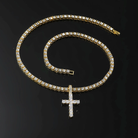 Collana con Pendente a Croce in Zirconia Lega Hip Hop per Uomo Catena Tennis 4mm a Filo Singolo Placcata Oro Argento Gioielli
