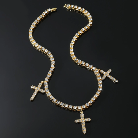Collana con Ciondolo a Croce Hip Hop Iced Out Uomo Intarsiato in Zirconia Catena Tennis Gioielli Street Lega di Zinco Oro Argento