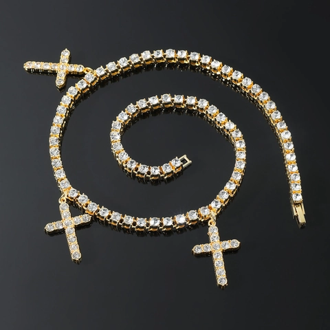 Collana con Ciondolo a Croce Hip Hop Iced Out Uomo Intarsiato in Zirconia Catena Tennis Gioielli Street Lega di Zinco Oro Argento