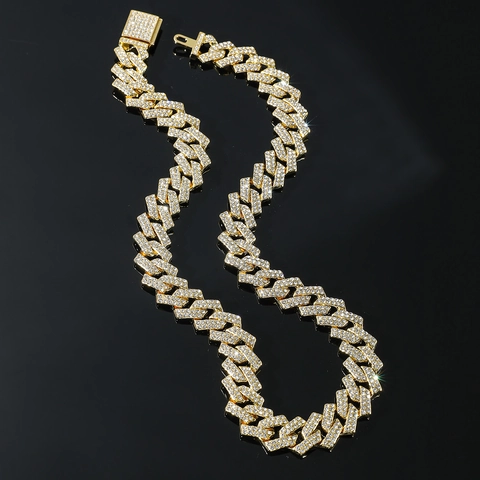 Men Iced Out Cuban Link Necklace Bracelet Alloy Rhinestone Inlaid Hip Hop Heavy Metal Street Style Fashion Jewelry Gift