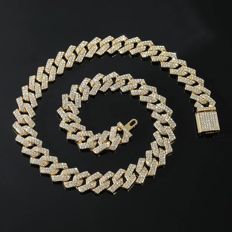 Men Iced Out Cuban Link Necklace Bracelet Alloy Rhinestone Inlaid Hip Hop Heavy Metal Street Style Fashion Jewelry Gift