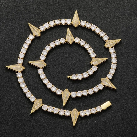 Hip Hop Kupfer Zirkonia Spike Halskette Für Herren Vereist Tennis-Kette Mit Kralle Anhänger Luxus Punk Streetwear Schmuck Gold Silber