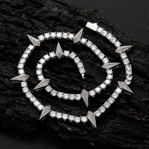 Hip Hop Kupfer Zirkonia Spike Halskette Für Herren Vereist Tennis-Kette Mit Kralle Anhänger Luxus Punk Streetwear Schmuck Gold Silber