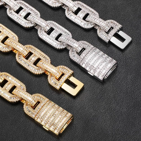 Ensemble de Bijoux Hip Hop Maillon Marine Cuivre Incrusté de Zirconium Collier Bracelet Chaîne Cubaine Nez de Cochon Homme Femme