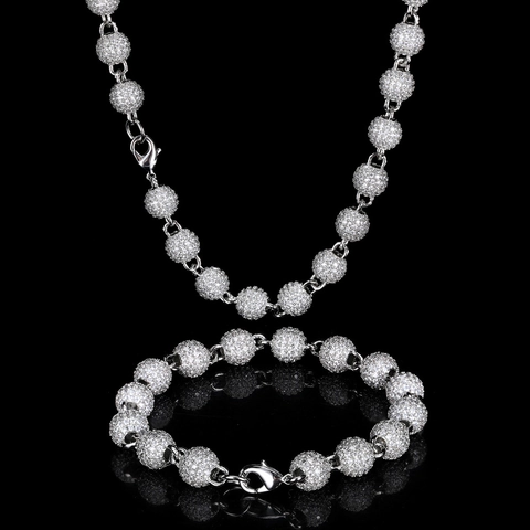 Hip Hop Iced Out Round Bead Jewelry Set Copper Zirconia Necklace Bracelet Luxury Pave Ball Chain Accessories For Men Women