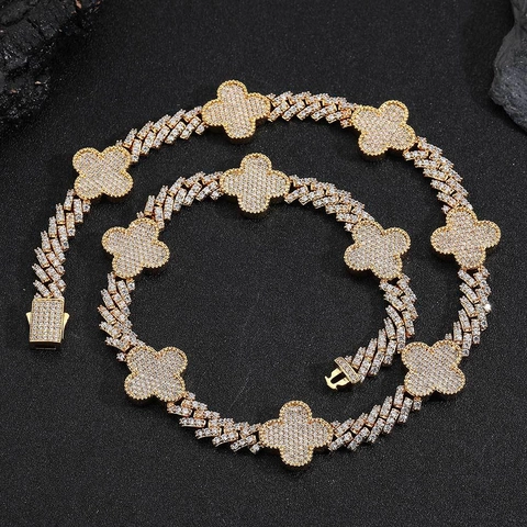 Hip Hop Cubaanse Schakelketting Met Klaver Ruit Hanger Pave Zirconia Koper Iced Out Halsketting Voor Heren Dames Sieraden