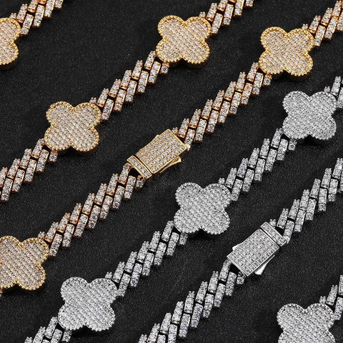 Hip Hop Iced Out Panzerkette Kupfer Zirkonia Kleeblatt Halskette Und Armband Gold Silber Galvanisiert Herren Schmuck