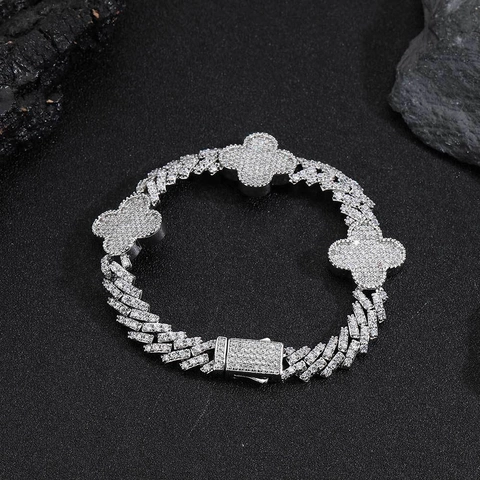 Bracciale a Catena Cubana Hip Hop Design Quadrifoglio Iced Out Pavé Zirconia Rame Unisex Gioielli di Moda Streetwear Accessorio