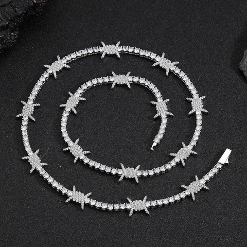 Hip Hop Barbed Wire Tennis Chain Necklace Iced Out Zirconia Copper Thorn Necklace For Men Women Streetwear Jewelry