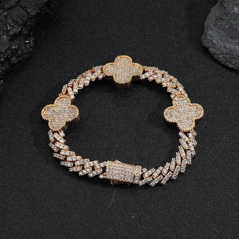Bracciale a Catena Cubana Hip Hop Design Quadrifoglio Iced Out Pavé Zirconia Rame Unisex Gioielli di Moda Streetwear Accessorio
