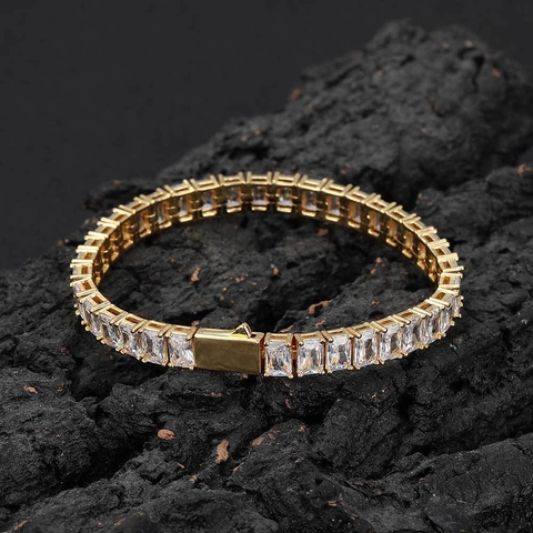 Bracciale a Catena Tennis Hip Hop con Zirconia Rettangolare in Rame Intarsiato con Zirconia per Uomo Donna Gioielli Oro Argento