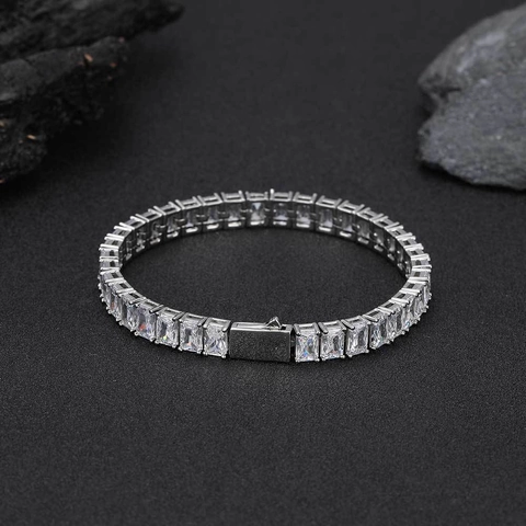 Bracciale a Catena Tennis Hip Hop con Zirconia Rettangolare in Rame Intarsiato con Zirconia per Uomo Donna Gioielli Oro Argento