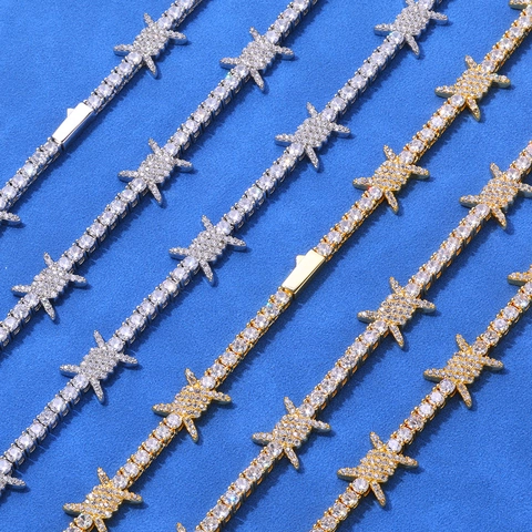 Hip Hop Iced Out Zirconia Thorn Barbed Wire Tennis Chain Necklace Bracelet Copper Jewelry Set For Men Women Punk Jewelry