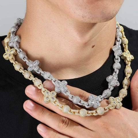 Lujoso Conjunto de Joyas Hip Hop con Circonia Trébol de Cuatro Hojas Cobre Dorado Plateado Collar Pulsera para Hombre Mujer Fiesta
