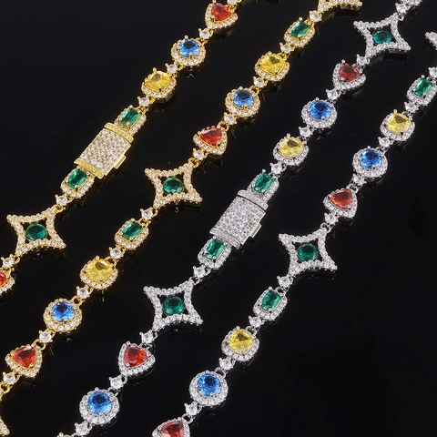 Set di Gioielli Hip Hop di Lusso con Zirconi Colorati Base in Rame Micro Pave Collana e Bracciale Geometrici per Uomo Donna