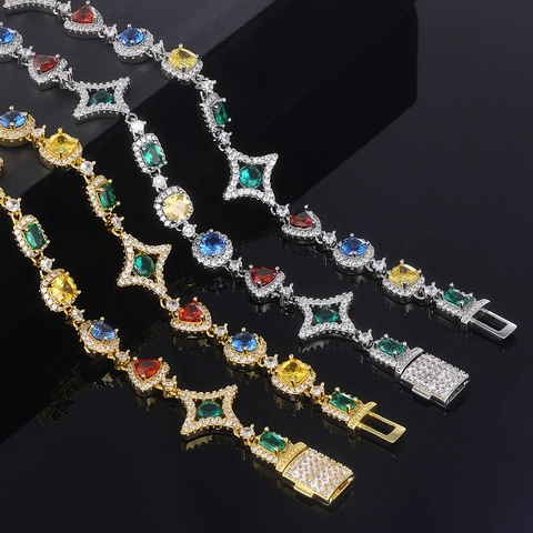 Set di Gioielli Hip Hop di Lusso con Zirconi Colorati Base in Rame Micro Pave Collana e Bracciale Geometrici per Uomo Donna