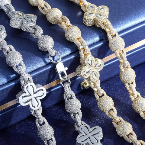 Lujoso Conjunto de Joyas Hip Hop con Circonia Trébol de Cuatro Hojas Cobre Dorado Plateado Collar Pulsera para Hombre Mujer Fiesta