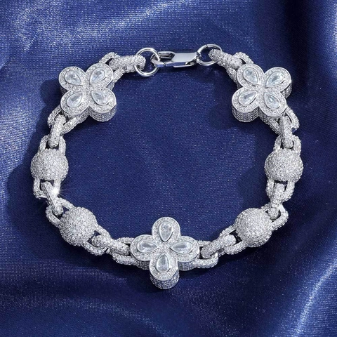 Hip Hop Iced Out Zirconia Copper Bracelet For Men Luxurious Four Leaf Clover Bubble Bead Chain Gold Silver Unisex Jewelry